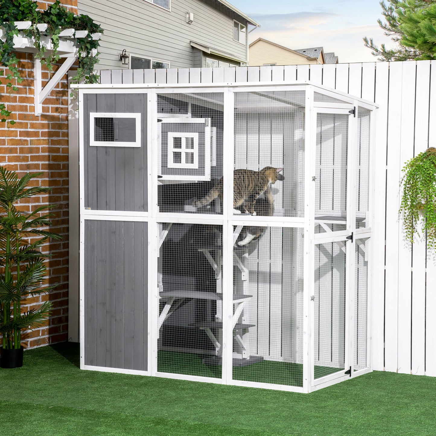 -PawHut Outdoor Cat House, Walk in Wooden Catio with PVC Weather Protection Roof, Multiple Platforms, Resting Condo, Enter Doors, Windows - Outdoor Style Company