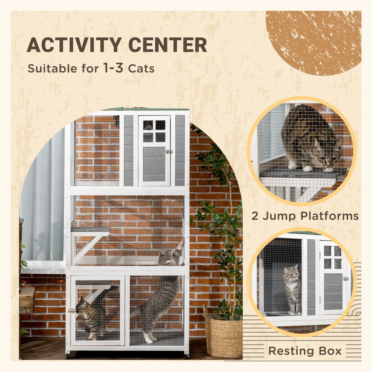 -PawHut Outdoor Cat House, Wooden Catio on Wheels, Large Kitten Playpen with Weather Protection Roof, 2 Platforms, Resting Condo, Enter Door 36"L - Outdoor Style Company