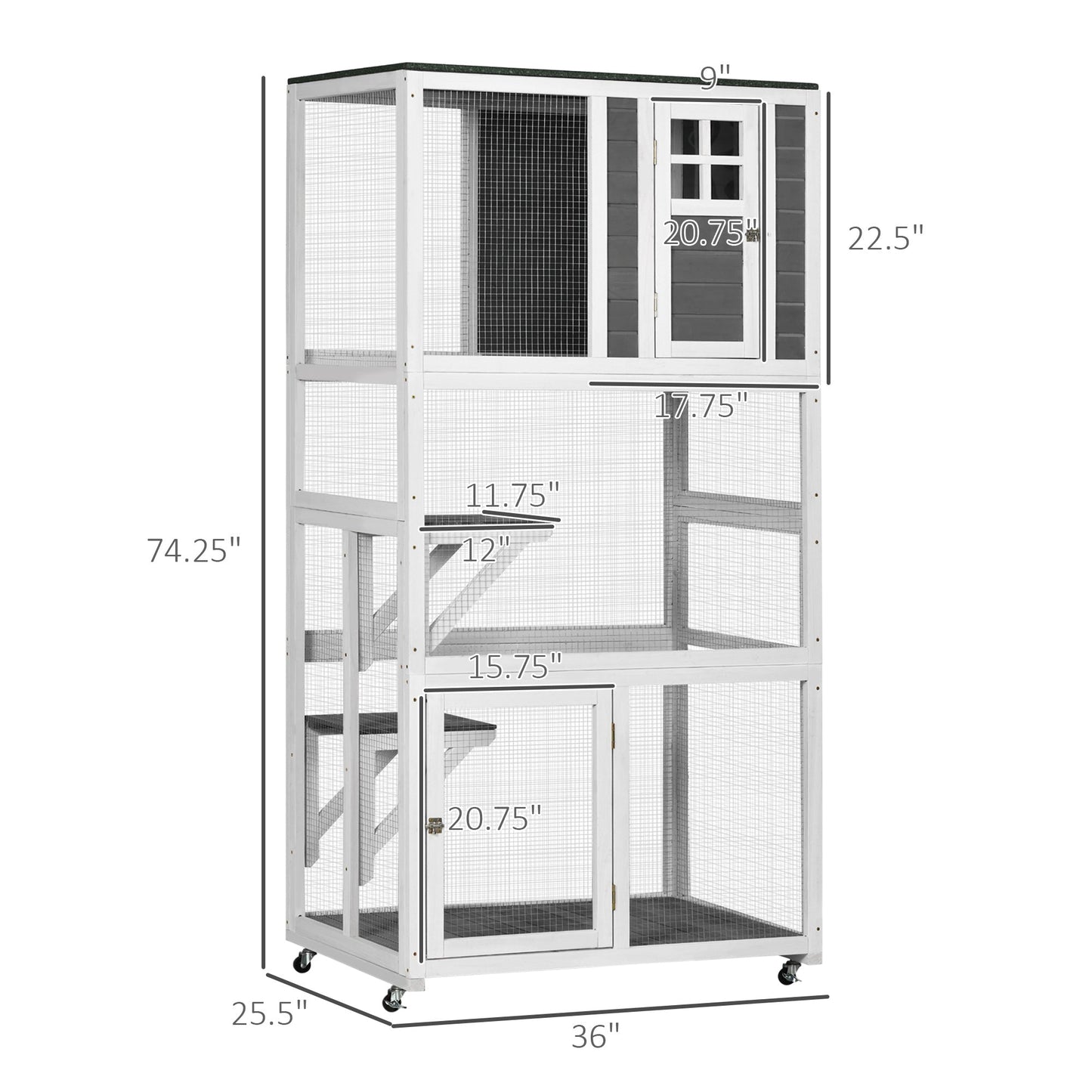 -PawHut Outdoor Cat House, Wooden Catio on Wheels, Large Kitten Playpen with Weather Protection Roof, 2 Platforms, Resting Condo, Enter Door 36"L - Outdoor Style Company