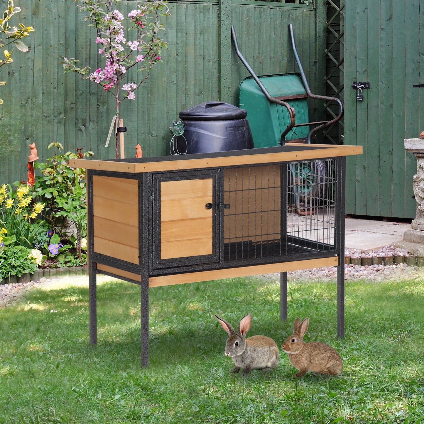 -PawHut Outdoor Rabbit Hutch, Wooden Elevated Pet House, Bunny Cage witn Removeable Tray, 36" L x 17.75" W x 27.5" H, for Small Animal, Natural - Outdoor Style Company