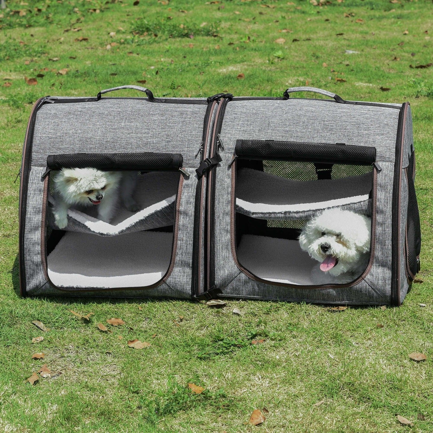 '-PawHut Pet Cat Carrier, 39" Portable Soft-Sided Pet Dog Cat Carrier with Divider, 2 Compartments, Soft Cushions & Storage Bag, Gray - Outdoor Style Company