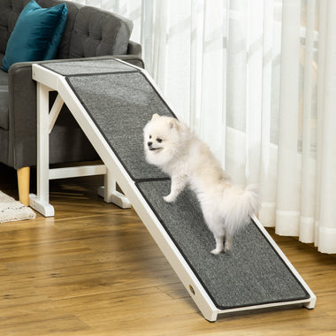 -PawHut Pet Ramp for Dogs Non-slip Carpet Top Platform Pine Wood 74"L x 16"W x 25"H, Grey, White - Outdoor Style Company