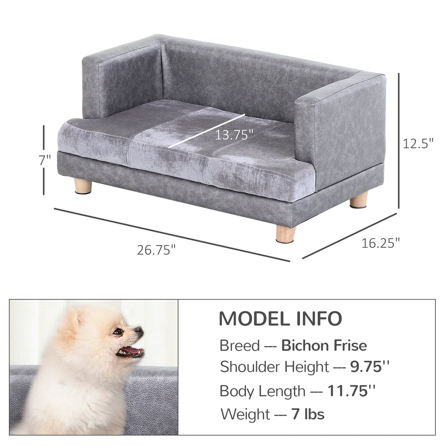 -PawHut Pet Sofa Bed for Small Dogs Cats with Soft Fuzzy & Faux Leather Combo, Small Dog Couch with Safety Design, Grey, 27" x 16" x 12.5" - Outdoor Style Company