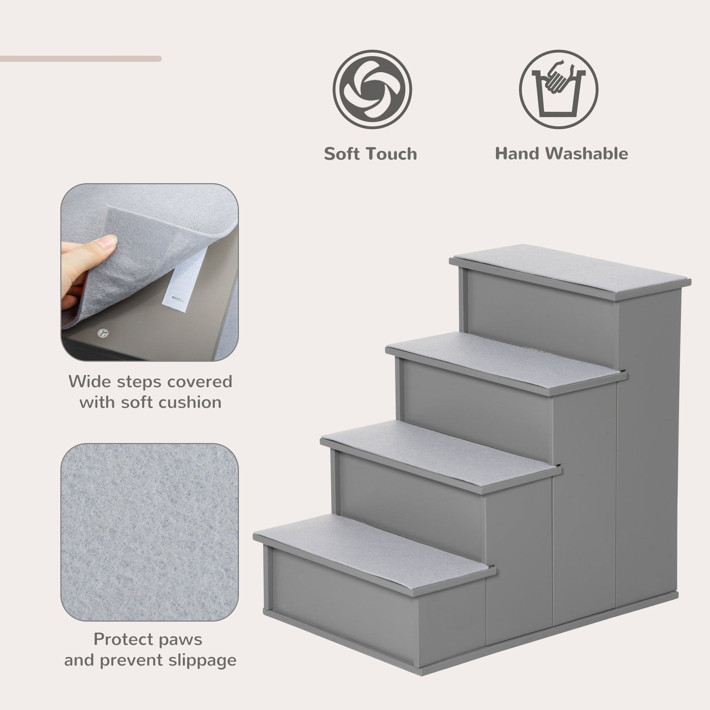 -PawHut Pet Stairs, Small Dog Steps for Couch Bed with Cushioned Removable Covering, 15.75" x 23.25" x 21.25", Grey - Outdoor Style Company