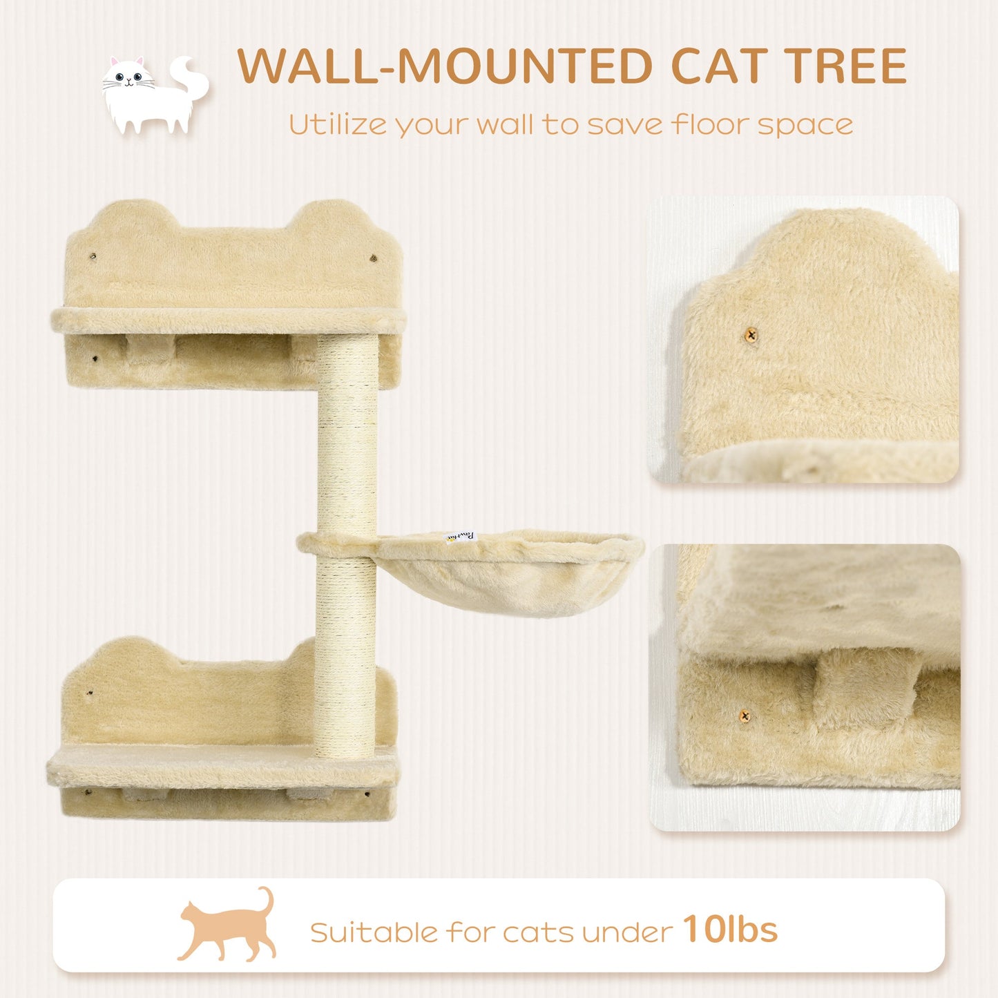 Pet Supplies-PawHut Wall-Mounted Cat Tree, Cat Wall Furniture with Scratching Post, Kitten Activity Center with Condo, Beige - Outdoor Style Company