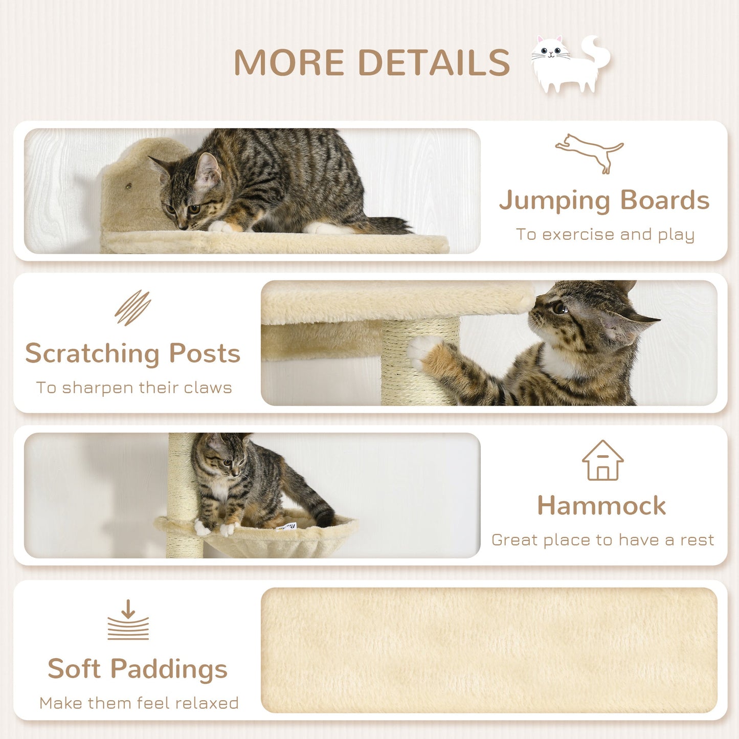 Pet Supplies-PawHut Wall-Mounted Cat Tree, Cat Wall Furniture with Scratching Post, Kitten Activity Center with Condo, Beige - Outdoor Style Company