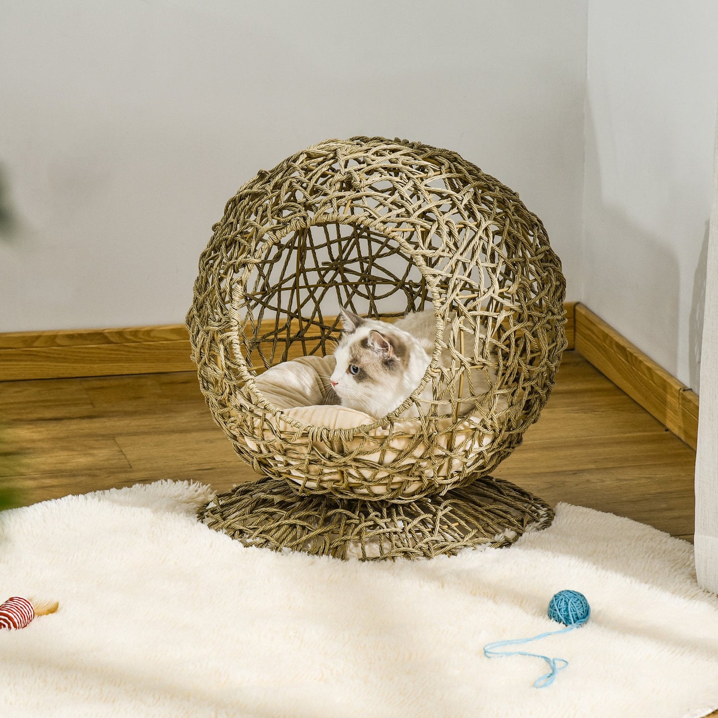 -PawHut Wicker Cat Bed Elevated Rattan Kitten Basket Pet Den. House Cozy Cave with Soft Cushion Brown - Outdoor Style Company