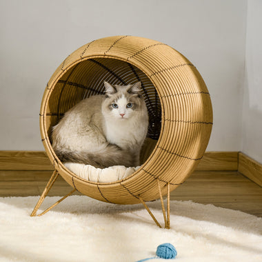-PawHut Wicker Cat Bed Elevated Rattan Kitten Basket Pet Den. House Cozy Cave with Soft Cushion Light Brown - Outdoor Style Company