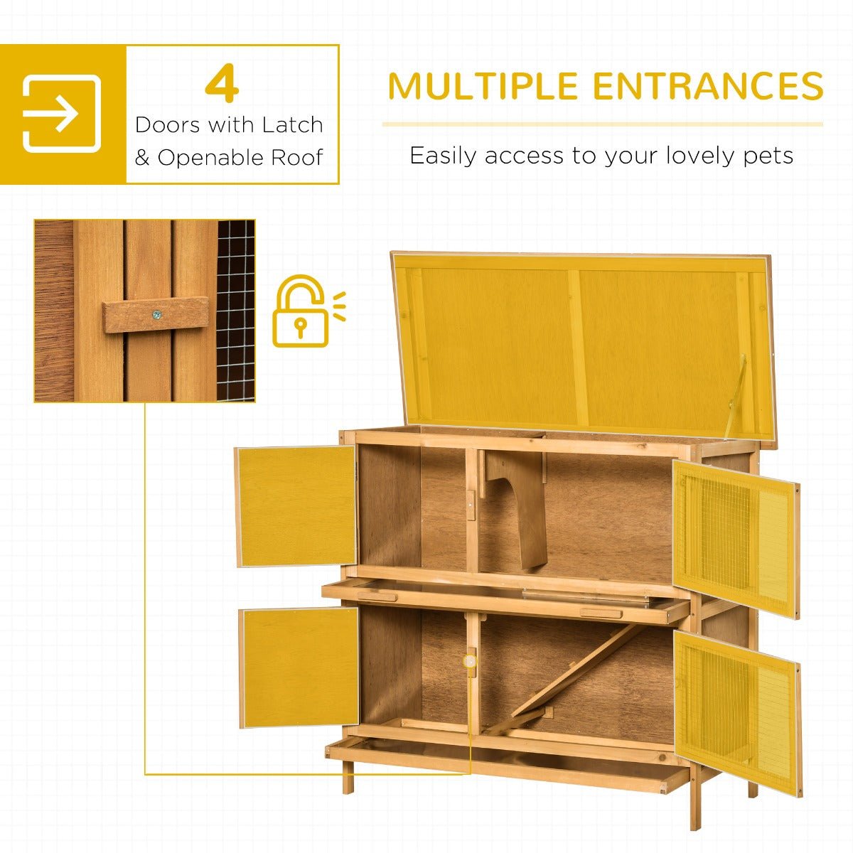 -PawHut Wooden Bunny Hutch Rabbit Hutch, Small Animals Habitat with Ramp, Removable Tray and Weatherproof Roof, Indoor/Outdoor, Yellow - Outdoor Style Company