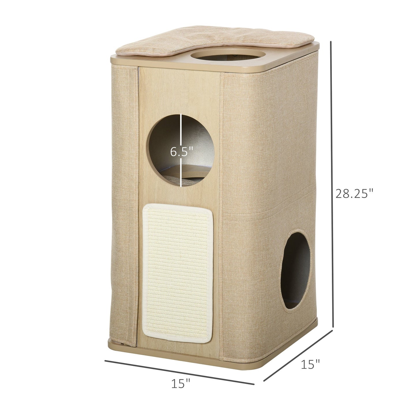 -PawHut Wooden Cat Condo 3 Story Kitten Tree House Barrel Tower Pet Furniture with Perch Removable Cover Soft Cushions Sisal Scratching Carpet Brown - Outdoor Style Company