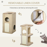 -PawHut Wooden Cat Condo 3 Story Kitten Tree House Barrel Tower Pet Furniture with Perch Removable Cover Soft Cushions Sisal Scratching Carpet Brown - Outdoor Style Company