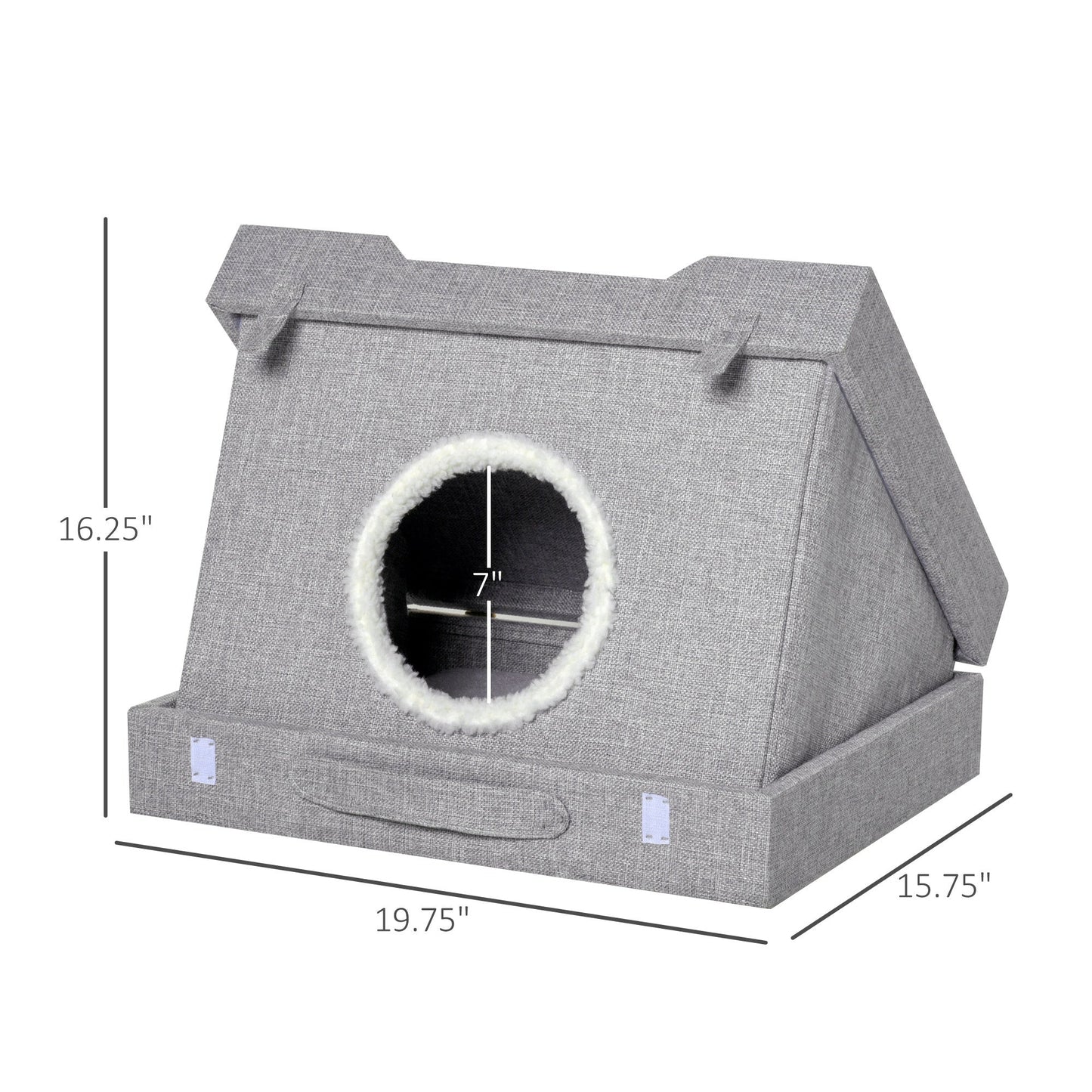 -PawHut Wooden Cat House Foldable Kitten Cave 2 In 1 Condo Pet Bed with Soft Removable Cushions Suitcase Style Easy to Carry Grey - Outdoor Style Company