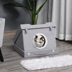 -PawHut Wooden Cat House Foldable Kitten Cave 2 In 1 Condo Pet Bed with Soft Removable Cushions Suitcase Style Easy to Carry Grey - Outdoor Style Company