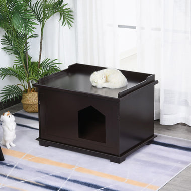 -PawHut Wooden Cat Litter Box Covered Mess Free End Table Hideaway Storage Cabinet, Brown - Outdoor Style Company
