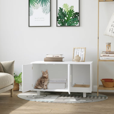 -PawHut Wooden Cat Litter Box Enclosure & House, Kitty Hidden Washroom, with End Table Design, Scratcher, & Magnetic Doors, White - Outdoor Style Company