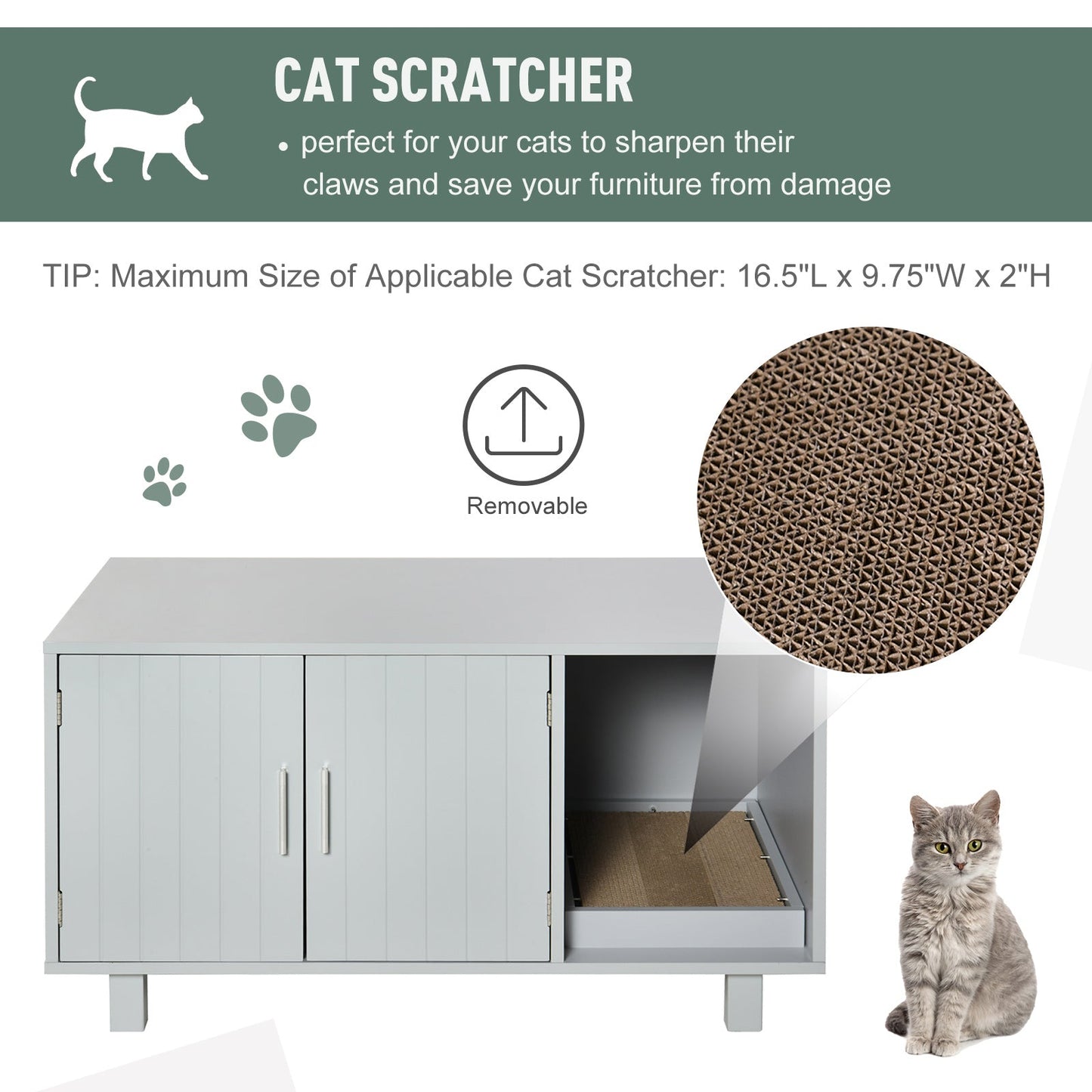 -PawHut Wooden Cat Litter Box Enclosure & House with Nightstand/End Table Design Scratcher & Magnetic Doors Grey - Outdoor Style Company