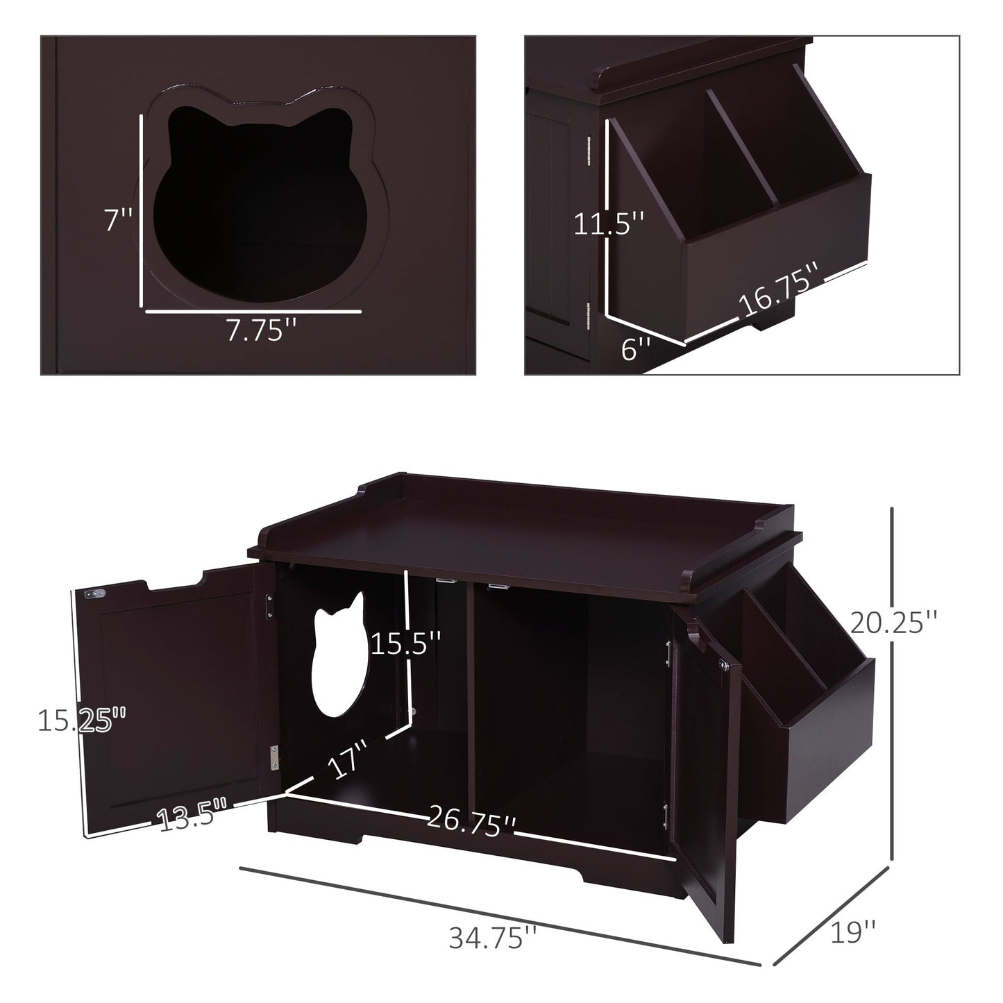 -PawHut Wooden Cat Litter Box Enclosure Kitten House with Nightstand End Table and Storage Rack Magnetic Doors Brown - Outdoor Style Company