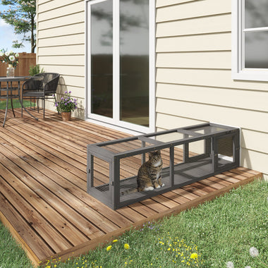-PawHut Wooden Cat Tunnel Outdoor, Cat Enclosure with Entrances Locks, Weather Protection, Connecting Inside Outside for Deck, Patio & Balcony, Gray - Outdoor Style Company