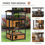 -PawHut Wooden Outdoor Cat House, Feral Cat Shelter Kitten Tree with Asphalt Roof, Escape Doors, Condo, Jumping Platform, Yellow - Outdoor Style Company