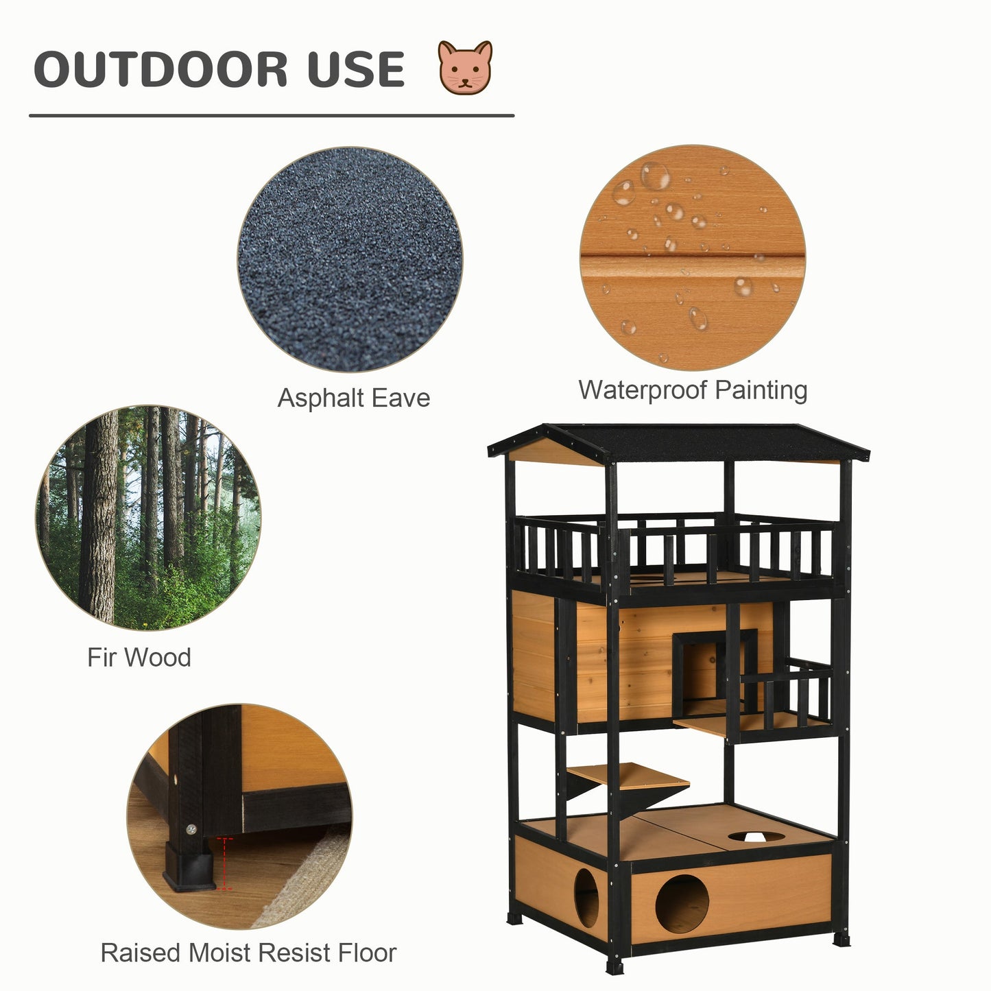 -PawHut Wooden Outdoor Cat House, Feral Cat Shelter Kitten Tree with Asphalt Roof, Escape Doors, Condo, Jumping Platform, Yellow - Outdoor Style Company