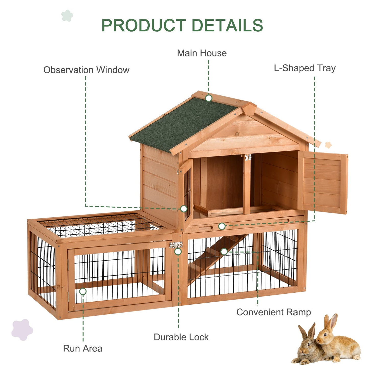 -Pawhut Wooden Rabbit Hutch 2 Story Outdoor Rabbit House Bunny Hutch Small Animal Habitat w/ Outdoor Run - Outdoor Style Company