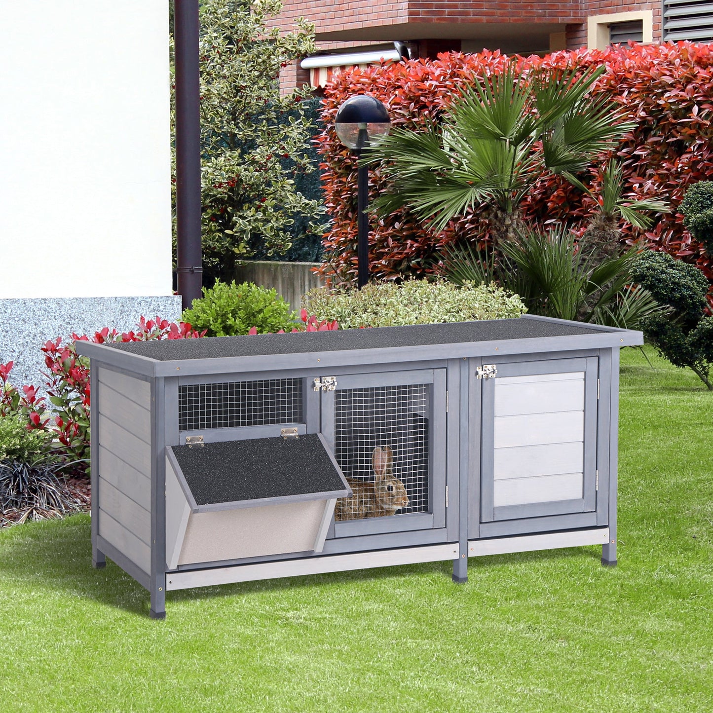 -PawHut Wooden Rabbit Hutch Bunny Hutch Cage Guinea Pig with Waterproof Roof, No Leak Tray and Feeding Trough, Indoor/Outdoor, Grey - Outdoor Style Company