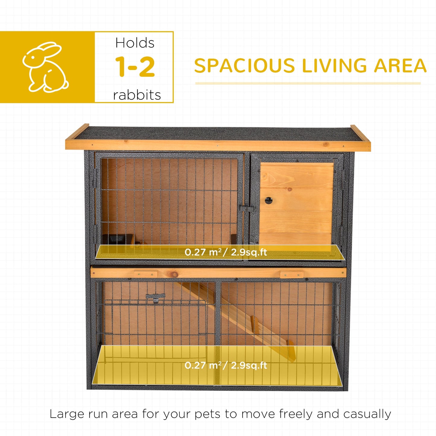-PawHut Wooden Rabbit Hutch Metal Frame Small Animal Habitat with No Leak Tray, Asphalt Openable Roof, Ramp & Lockable Door for Outdoor, Light Yellow - Outdoor Style Company