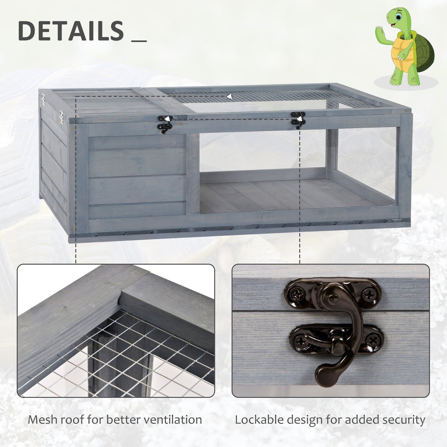 -PawHut Wooden Tortoise House Indoor Turtle Habitat Enclosure Outdoor Reptile Cage for Lizards, Geckos, Gray - Outdoor Style Company