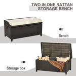 Outdoor and Garden-PE Rattan Patio Storage Bench with Interior Water-Fighting Cloth Bag & Comfortable White Top Cushion, Brown - Outdoor Style Company