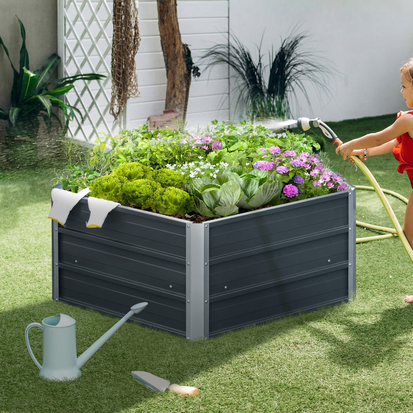 Outdoor and Garden-Pentagon Raised Garden Bed, Elevated Large Metal Planter Box w/ Install Gloves for Backyard, Patio to Grow Vegetables, Herbs, Grey - Outdoor Style Company
