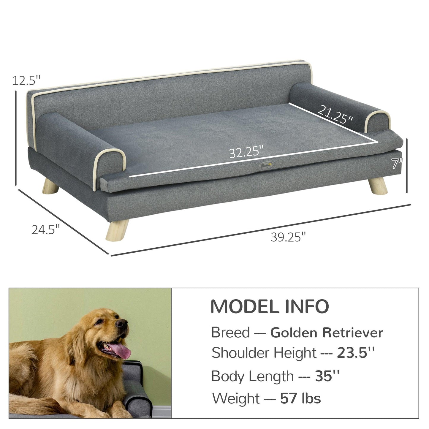 Pet Supplies-Pet Sofa for Large, Medium Dogs, Dog Couch with Water-resistant Fabric, Wooden Legs, Washable Cushion, Grey, 39" x 24.5" x 12.5" - Outdoor Style Company