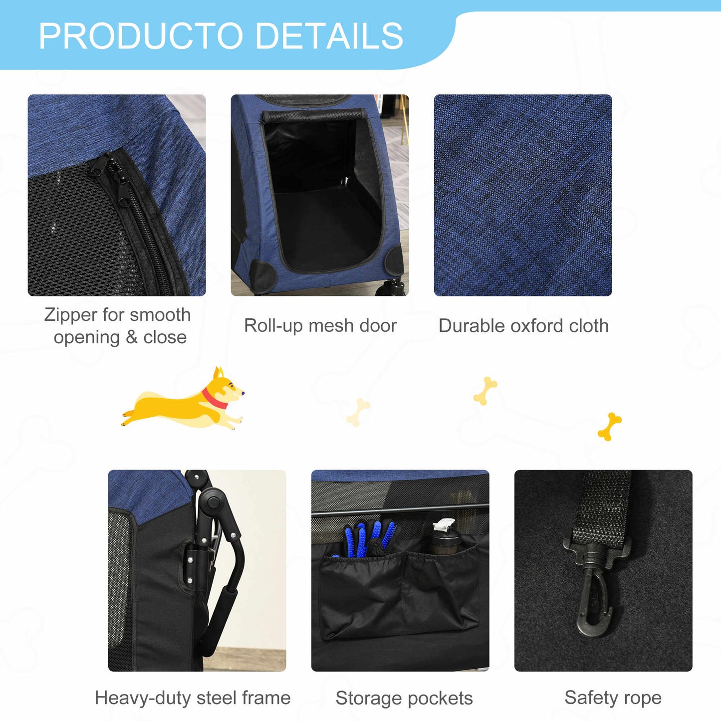 Pet Supplies-Pet Stroller, Dog Bike Trailer Cargo Cart with Universal Wheel, Storage Pocket & Ventilated Foldable Fabric for Medium or Large Size Dogs, Blue - Outdoor Style Company