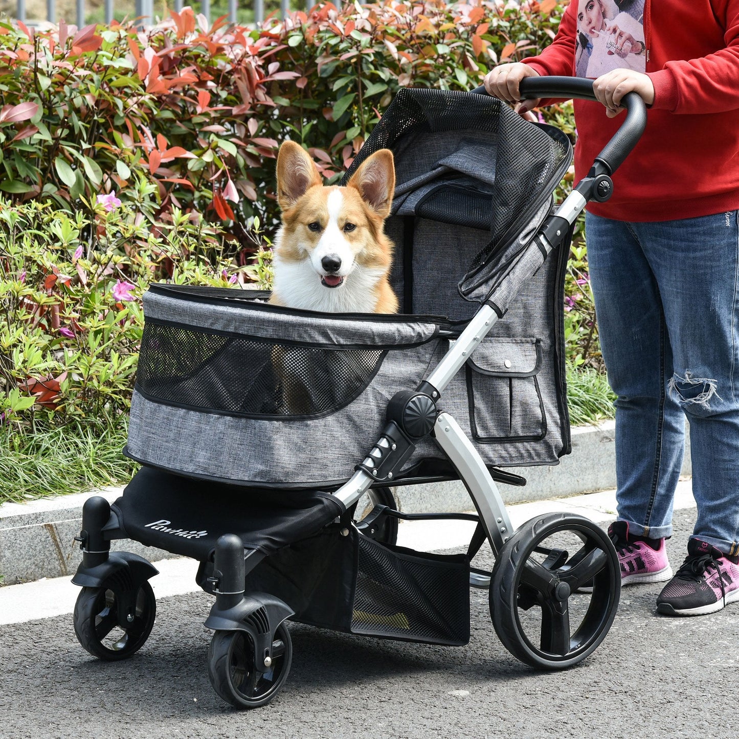 Pet Supplies-Pet Stroller Foldable Dog Cat Travel Carriage with Adjustable Handlebar PVC Wheel Brake Storage Bag Mesh Window Safety Leash Aluminum Grey - Outdoor Style Company