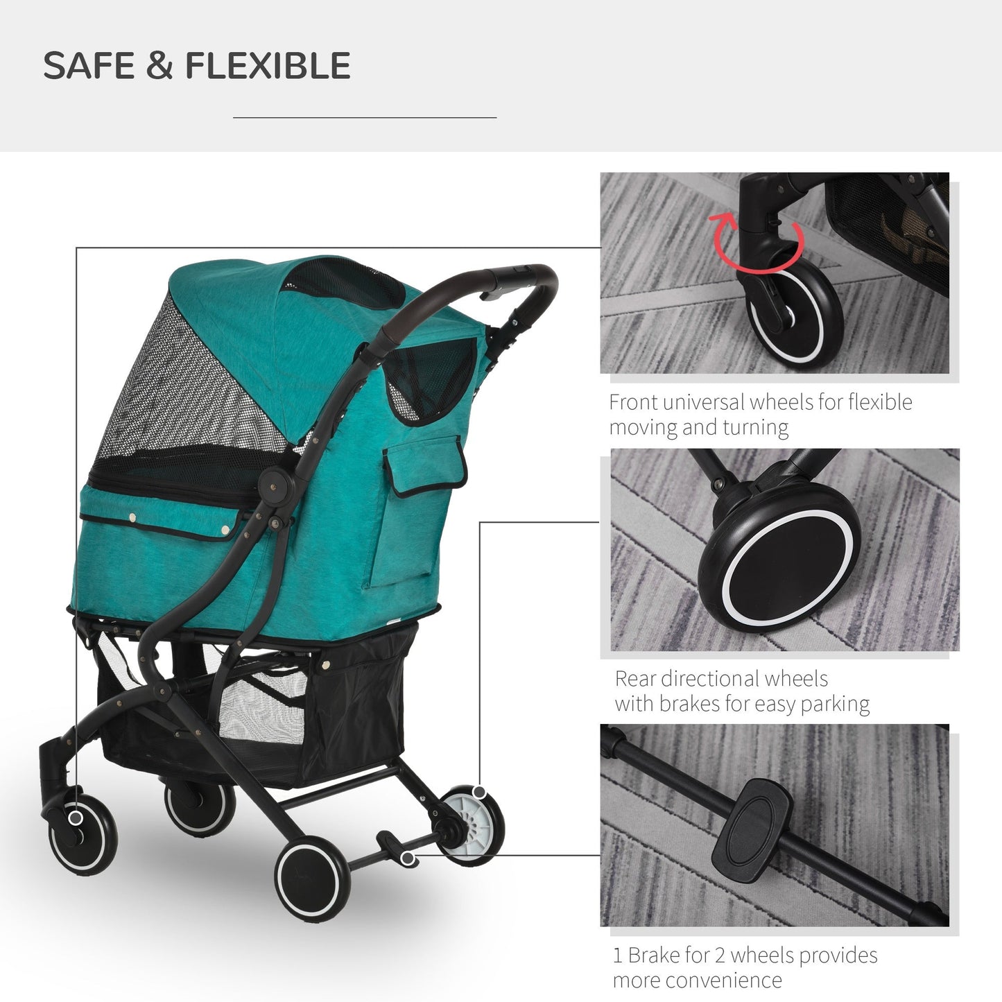 Pet Supplies-Pet Stroller for Dogs, Cats, One-Click Fold Jogger Pushchair with EVA Wheels, Brakes, Basket, Safety Belts, Zippered Mesh Window Door, Blue - Outdoor Style Company