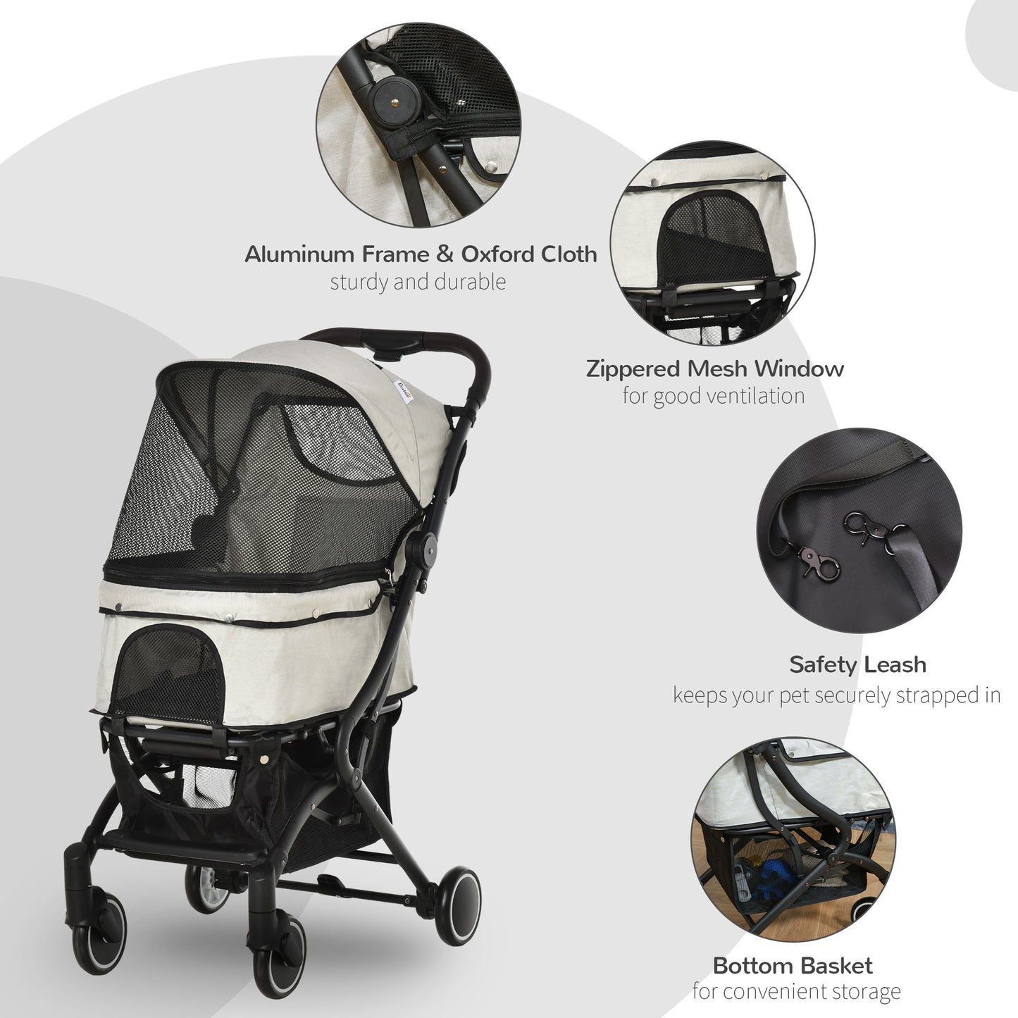 Pet Supplies-Pet Stroller One-Click Fold Dog/Cat Travel Carriage Suitcase with Brakes Basket Storage Bags Adjustable Canopy Zippered Mesh Window Door Beige - Outdoor Style Company