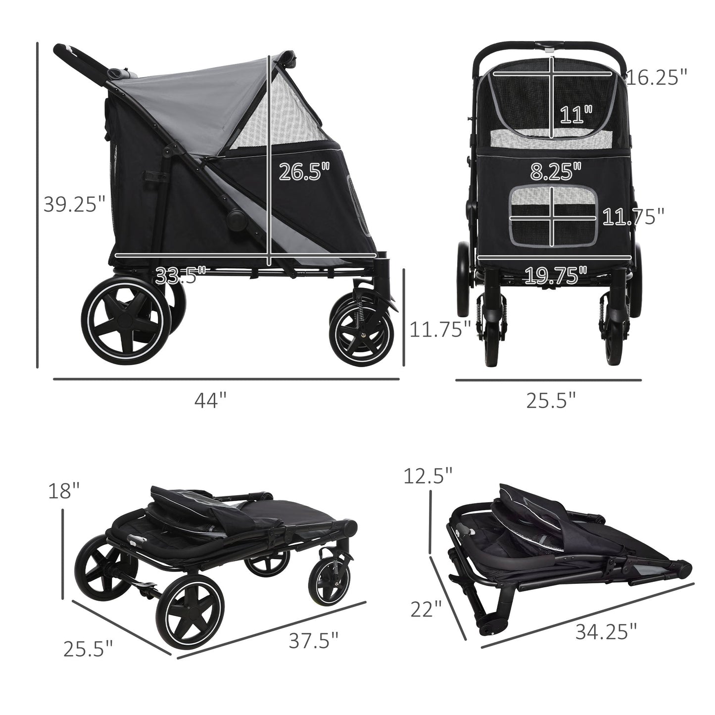 Pet Supplies-Pet Stroller with Universal Front Wheels, Shock Absorber, One Click Foldable Dog Cat Carriage with Brakes, Storage Bags, Mesh Window - Grey - Outdoor Style Company
