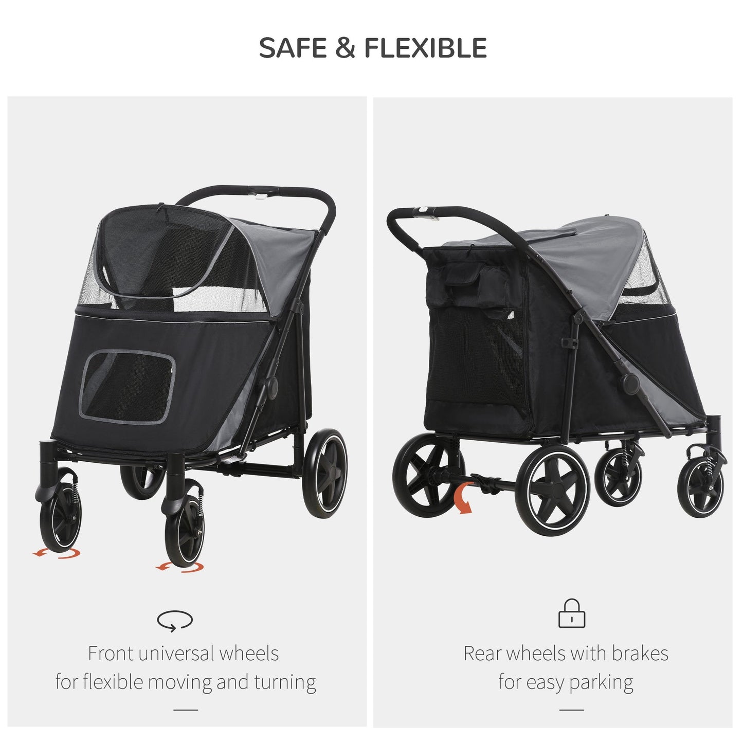 Pet Supplies-Pet Stroller with Universal Front Wheels, Shock Absorber, One Click Foldable Dog Cat Carriage with Brakes, Storage Bags, Mesh Window - Grey - Outdoor Style Company