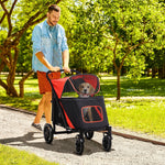 Pet Supplies-Pet Stroller with Universal Front Wheels, Shock Absorber, One Click Foldable Dog Cat Carriage with Brakes, Storage Bags, Mesh Window - Red - Outdoor Style Company