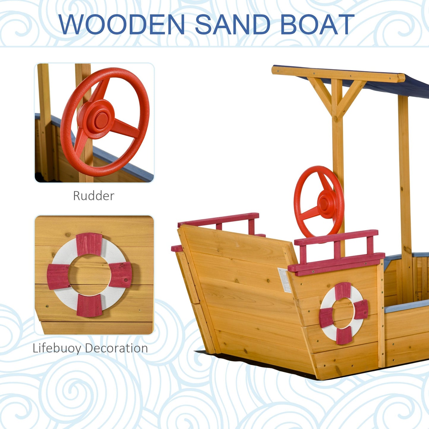 Toys and Games-Pirate Ship Wooden Sandbox Covered Children Sand boat Outdoor, with Storage Bench, Sun Protective Canopy Cover, Ages 3-8 Years Old, Orange - Outdoor Style Company