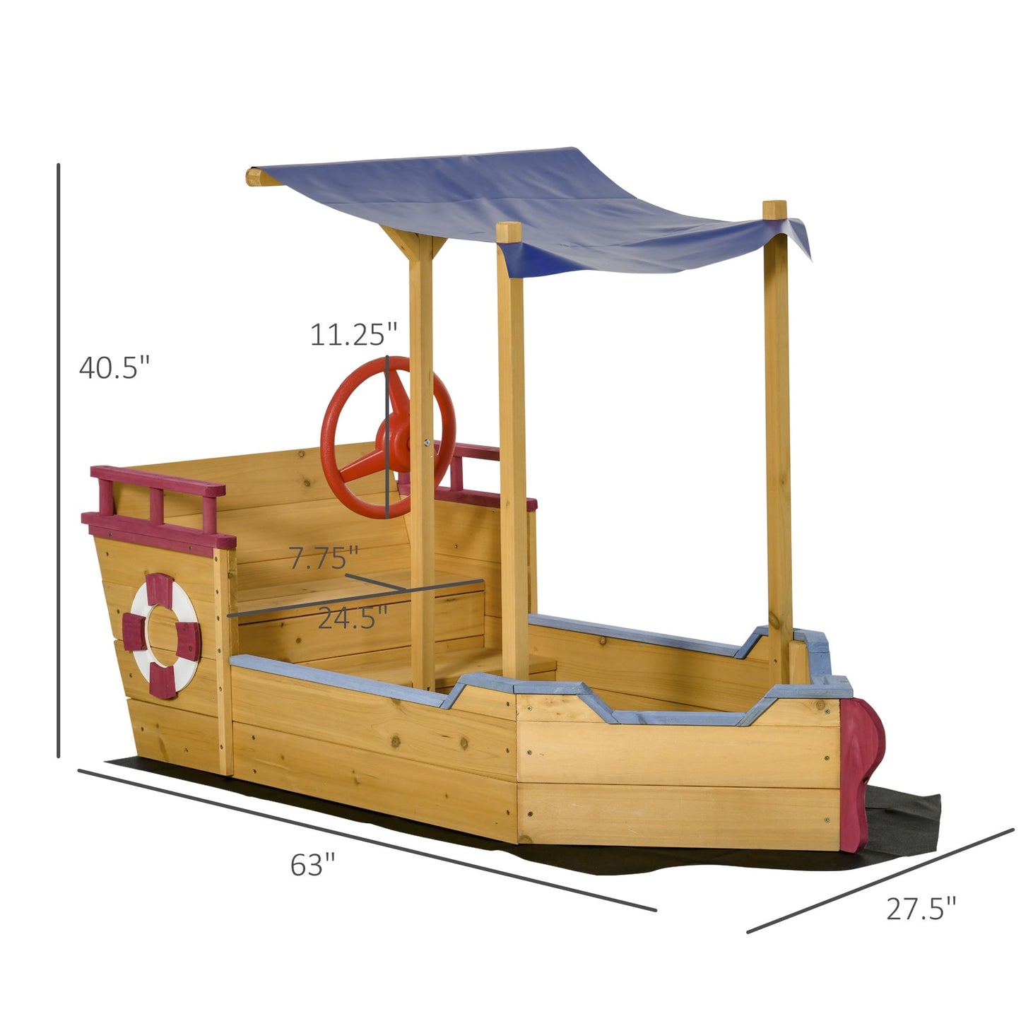 Toys and Games-Pirate Ship Wooden Sandbox Covered Children Sand boat Outdoor, with Storage Bench, Sun Protective Canopy Cover, Ages 3-8 Years Old, Orange - Outdoor Style Company