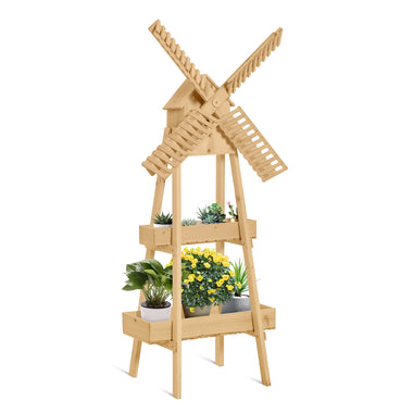 Pet Supplies-Plant Shelf 2 Tier Wooden with Windmill & Bird House Plant Pots Holder Stand Indoor/Outdoor 32'' x 17'' x 61'' - Outdoor Style Company