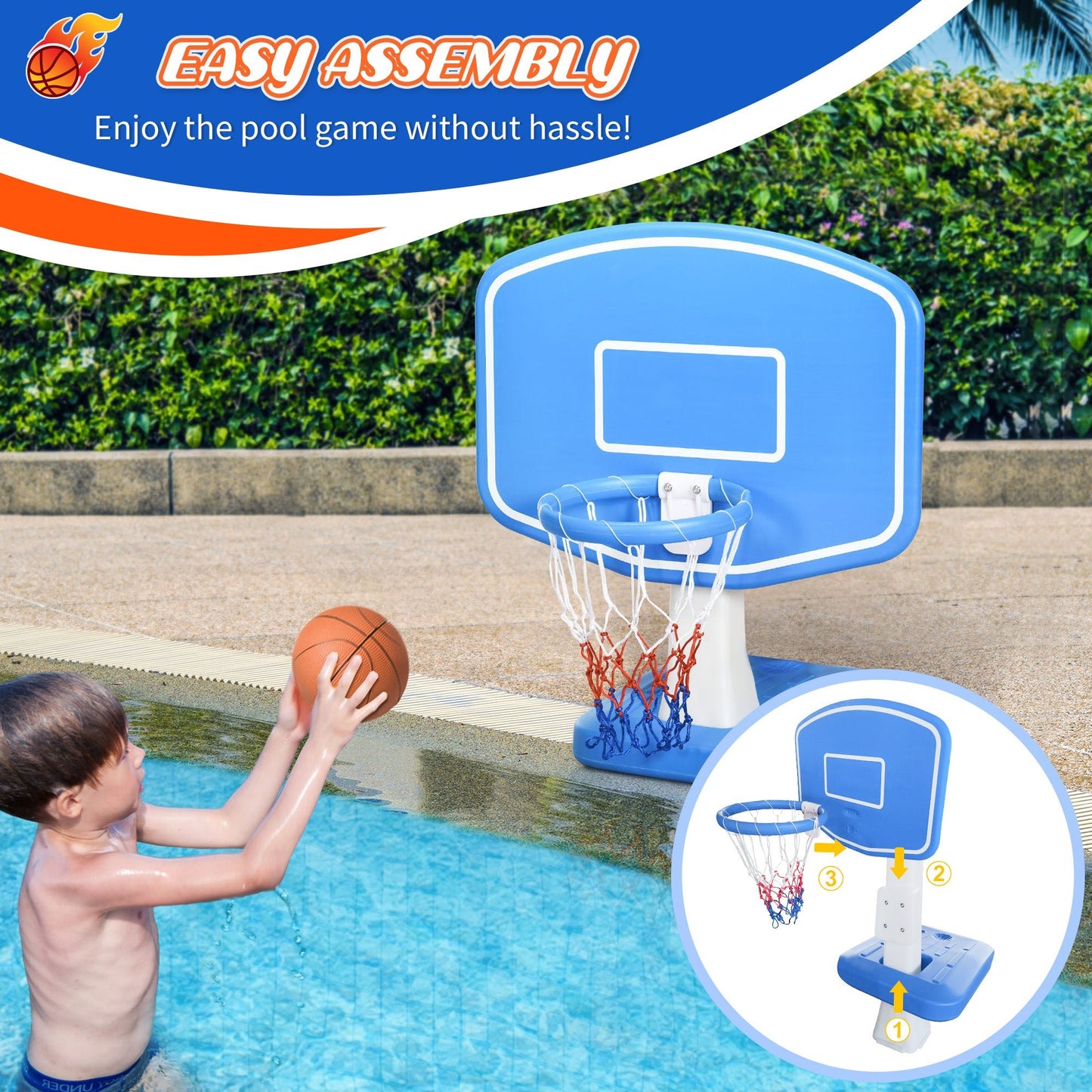 Miscellaneous-Pool Basketball Hoop Poolside with Ball, Pump for Inground Pools, Swimming Pool Games, Blue - Outdoor Style Company
