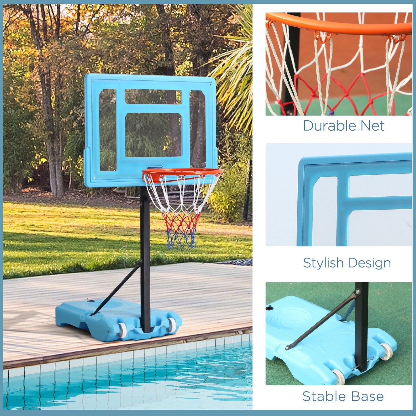 Miscellaneous-Poolside Basketball Goal, 36.5"-48.5" Height Adjustable Portable Hoop System, Backboard & Fillable Base, Blue - Outdoor Style Company