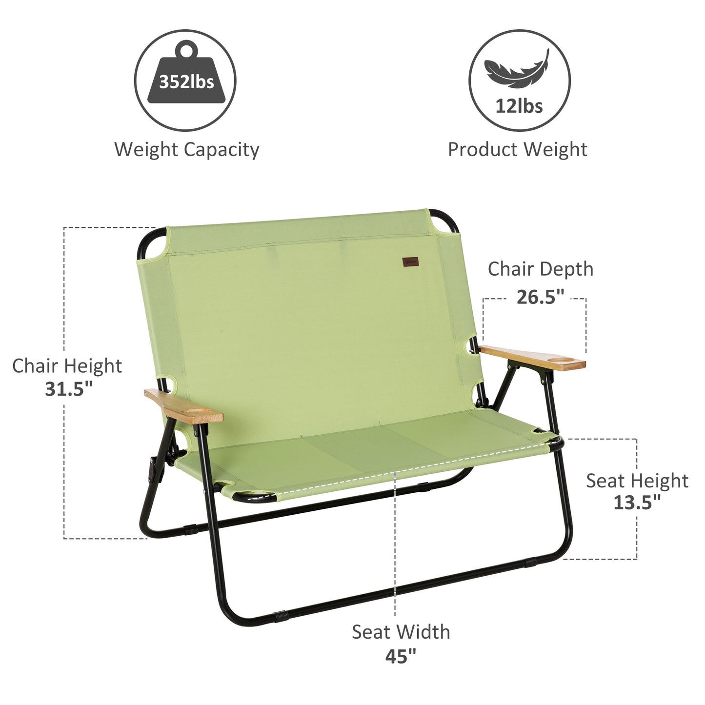 Outdoor and Garden-Portable Folding Double Camping Chair Cup Holder, Loveseat for 2 Person, Outdoor Chair with Wood Armrest Beach Travel, Green - Outdoor Style Company