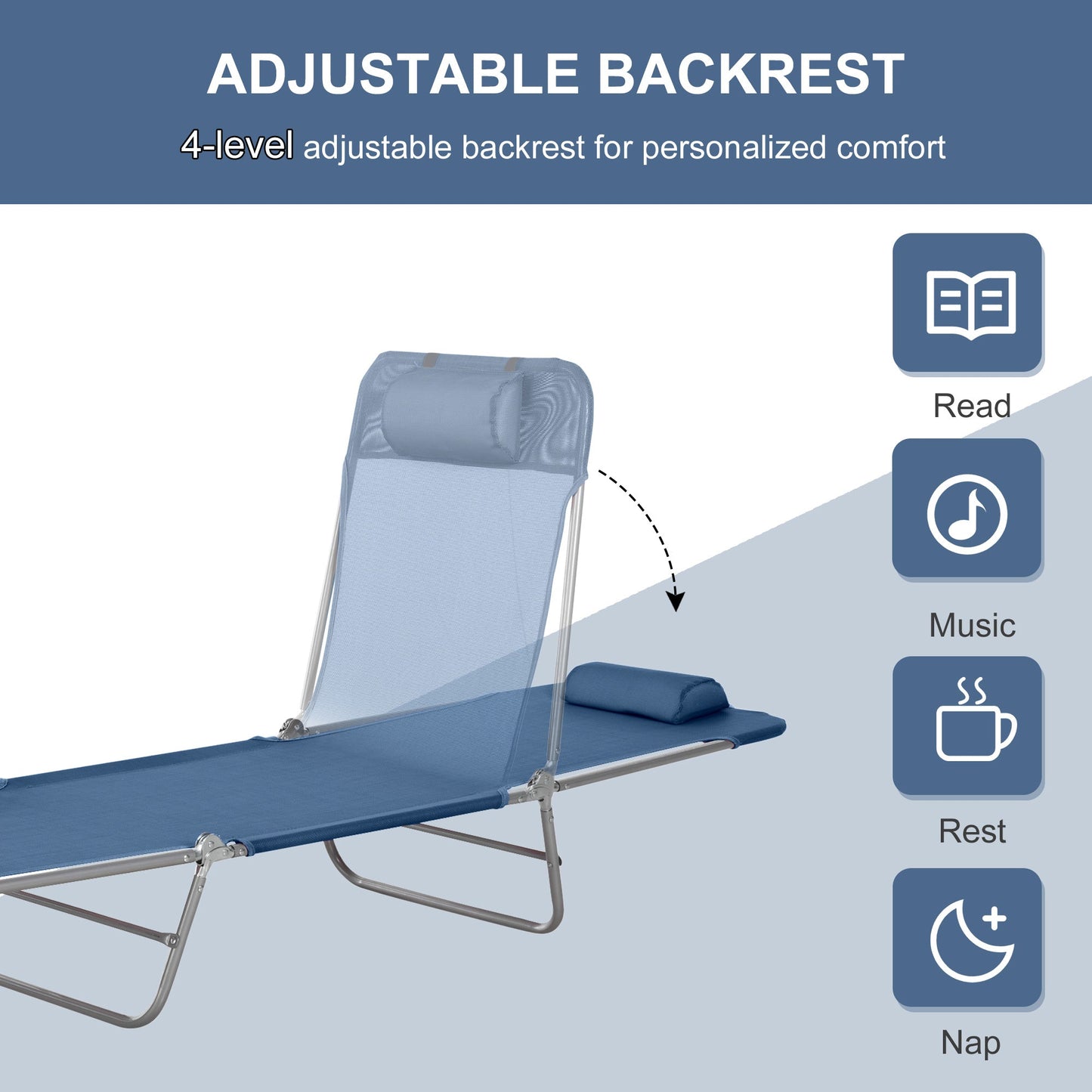 Outdoor and Garden-Portable Patio Lounge Chair, Lightweight Folding Chaise Sun Lounge Chair w/ Adjustable Backrest & Pillow for Beach, Poolside, Blue & Silver - Outdoor Style Company