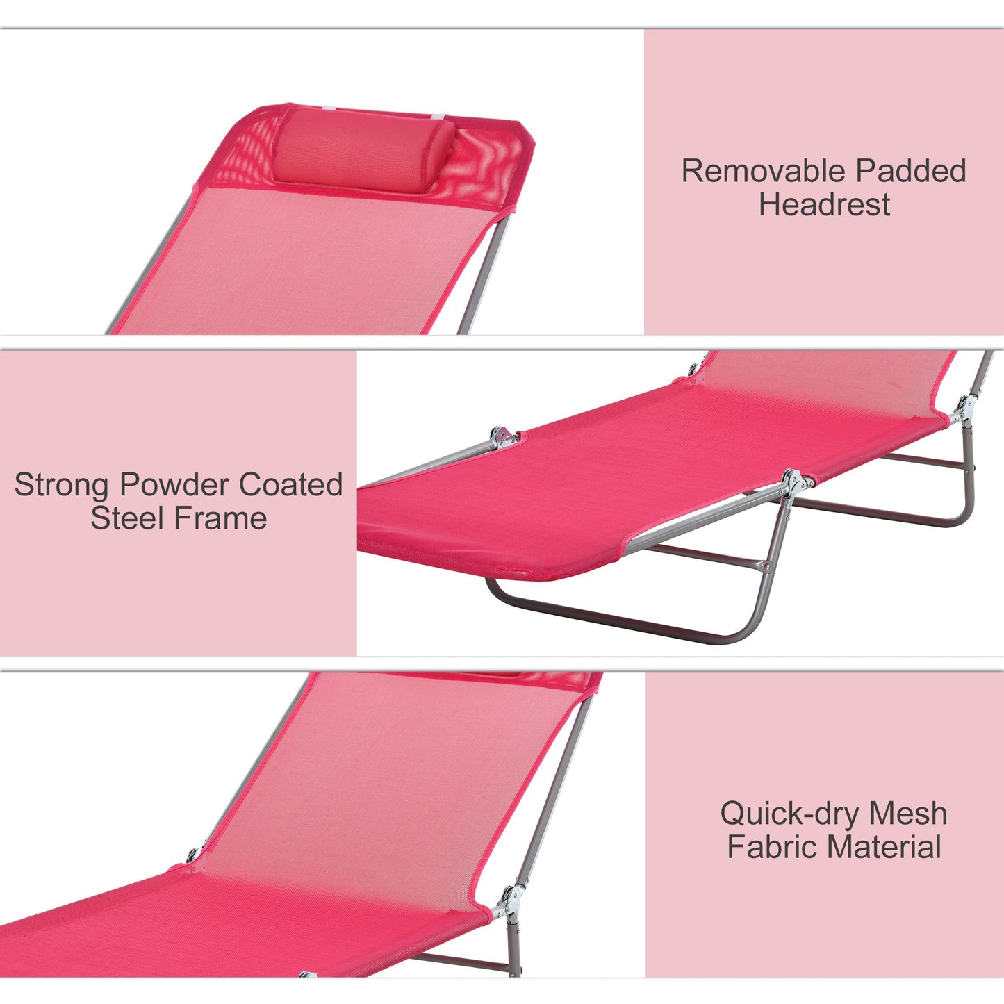 Outdoor and Garden-Portable Patio Lounge Chair, Lightweight Folding Chaise Sun Lounge Chair w/ Adjustable Backrest & Pillow for Beach, Poolside, Pink & Silver - Outdoor Style Company