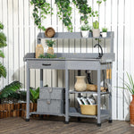 Outdoor and Garden-Potting Bench Table, Includes Removable Outdoor Sink Station with Hose Hook Up, Wooden Work Station with Faucet, Drawer, Shelves, Hooks, Gray - Outdoor Style Company