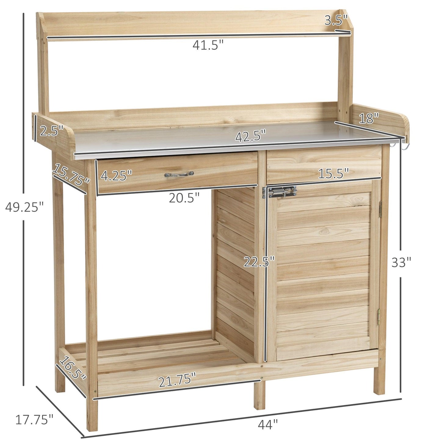 Outdoor and Garden-Potting Bench Table with Storage Cabinet and Open Shelf, Garden Planting Workstation with Steel Tabletop, Natural Wood - Outdoor Style Company