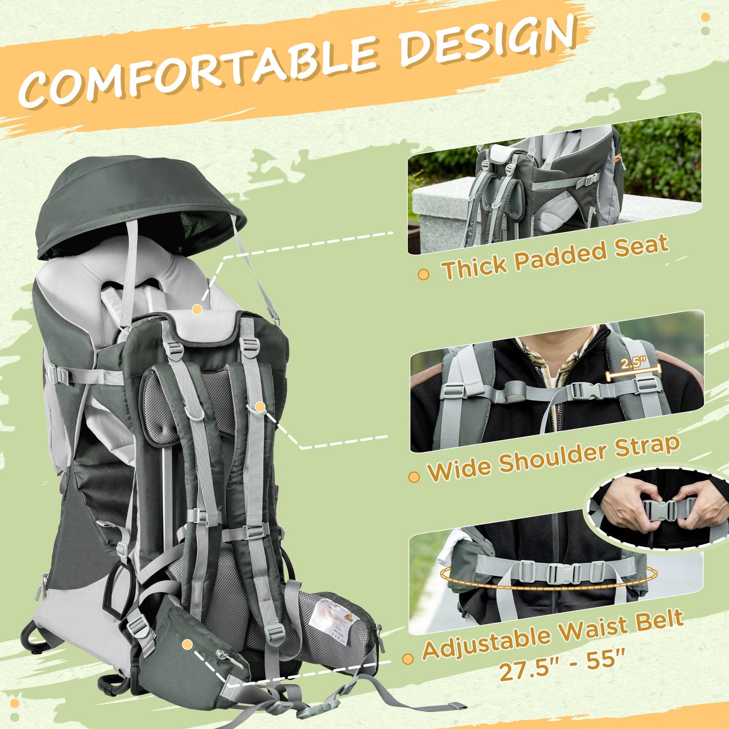 -Qaba Baby Backpack Carrier with Small Bag, Child Carrier Hiking, Sun Canopy Rain Cover, Large Storage, Padded Seat, Adjustable Waist Belt - Outdoor Style Company