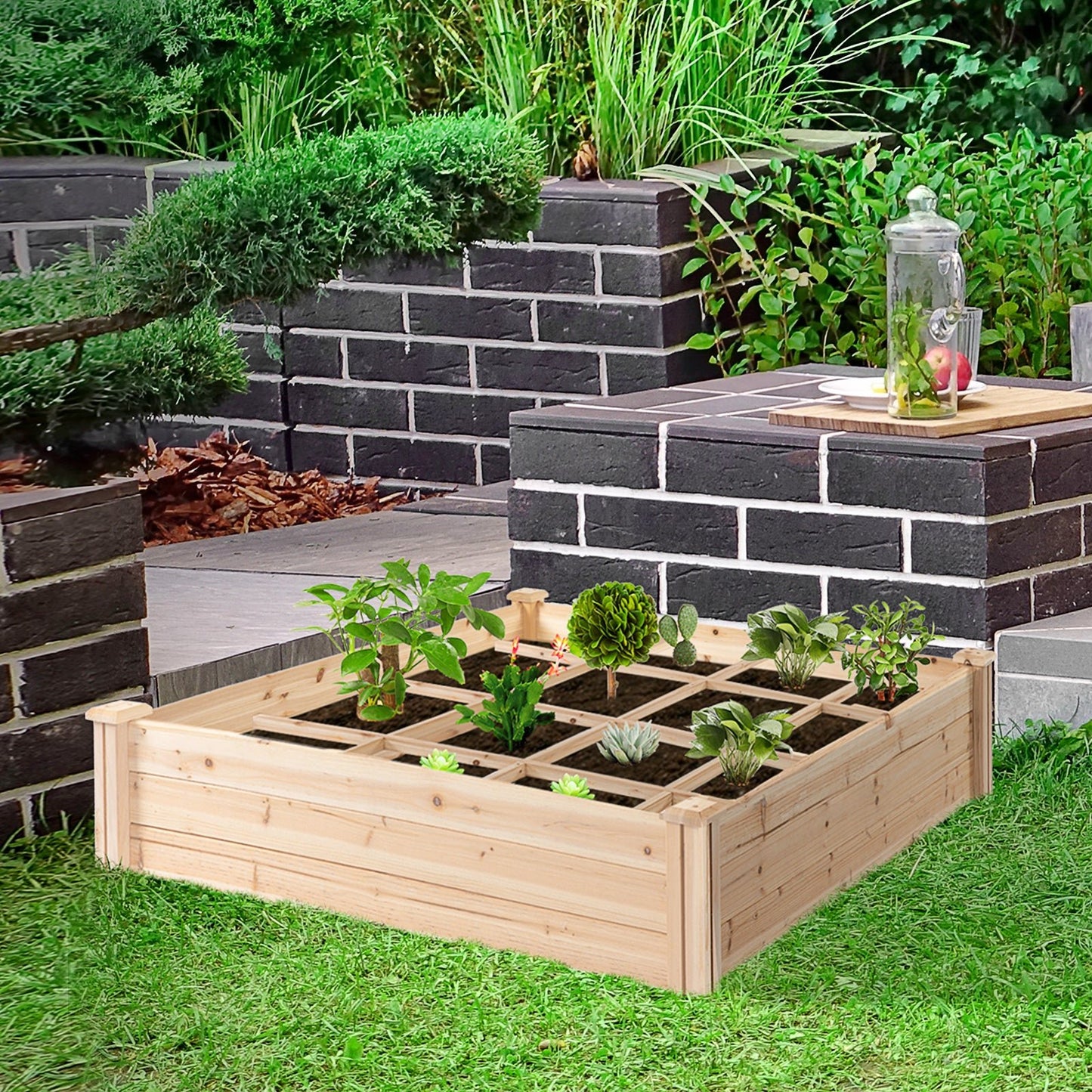 Outdoor and Garden-Raised Garden Bed 3.9Ft X 3.9Ft Backyard Plant Bed Box With Segmented Growing Grid Wood Material For Plants & Herbs - Outdoor Style Company